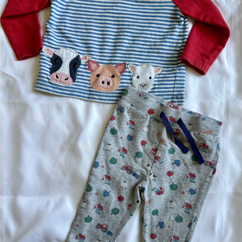 Baby Boden Red-Sleeve Blue-Striped Farm Animal Play set 6-12m